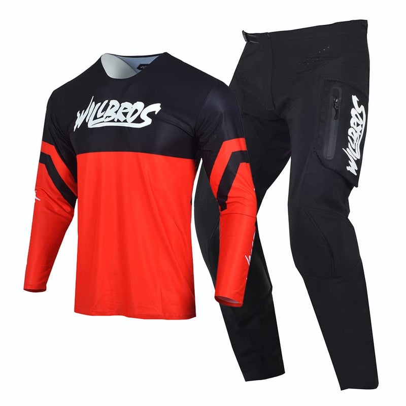 Willbros Motocross Jersey Pants Combo Mens Dirt Bike MX Gear Set Offroad with Zip Pockets Adult Racewear Women Black Red Jersey S Pants 30